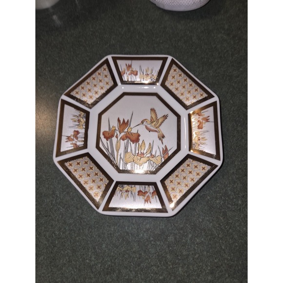 PAPITTON VERITABLE PORCELAINE OCTAGONAL FLORAL HUMMINGBIRD PLATE 6.25" - Picture 3 of 4